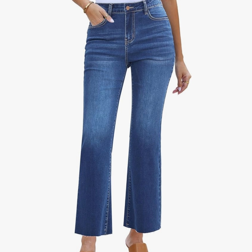 Kick Crop Flare Jeans Ankle Medium Wash Frayed Hem Stretch High Waisted Women S